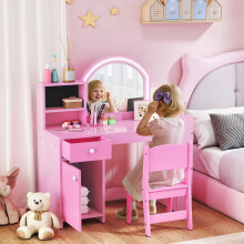 AIYAPLAY Girls Dressing Table with 2-Colour LED Mirror and Stool, Pink