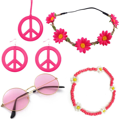 Conjunto de brincos e colar com símbolo da paz, óculos e estilo hippie para carnaval. 2