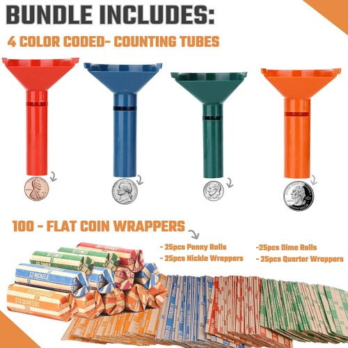 CherryHome Coin Counter Funnel Bundle with 100 Wrappers – Efficient Sorting & Wrapping System, Compatible with Home Use 2