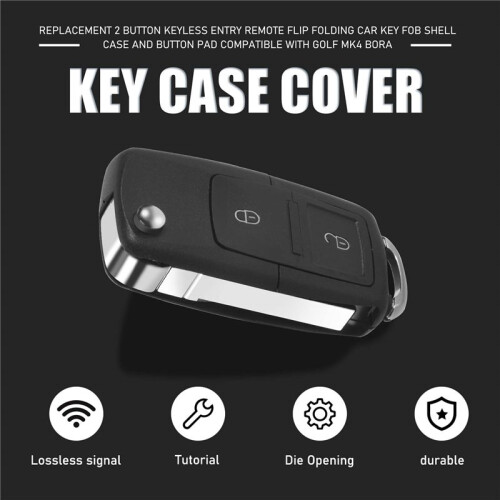 Replacement 2 Button Keyless Entry Remote Flip Folding Car Key Fob Shell Case and Button Pad Compatible with  MK4 Bora 2