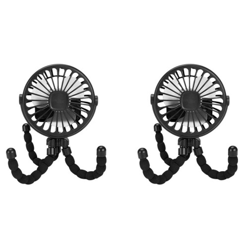 2X Black Portable USB Rechargeable Silent  Fan 3 Speed Adjustable with Lighting Function for Car  Stroller