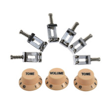 Cream Dark Font 1 Volume & 2 Tone Guitar Control Knobs for Strat & 6x Chrome Tremolo Bridge Saddles