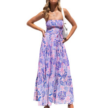 Fließendes Maxikleid für Damen, langes, ärmelloses Strandkleid mit Rüschensaum, gerafftem Oberteil und floral bedrucktem Stoff, mit elastischem