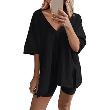 Bijpassende sets voor dames, comfortabele loungewear van ademende stof met een losse pasvorm en een omkeerbaar T-shirt, een oversized T-shirt en een