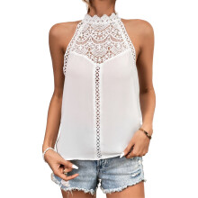 Canotta da donna con spalline incrociate sulla schiena, camicetta senza maniche fluida con scollo all'americana, orlo smerlato e laccetti sul retro,