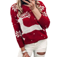 Pull à motif flocons de neige, manches longues, coupe décontractée, en maille pour femme, style festif, col rond.