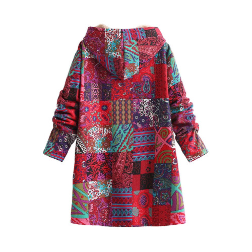 Μποέμ vintage patchwork μπουφάν φλις για γυναίκες Αζτέκ ζακέτα με κουκούλα και κουμπιά, 2