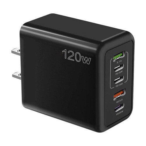 Γρήγορος φορτιστής PD 120W με 2 θύρες USB-A + 3 θύρες USB-C, Συμπαγής 7,8x5,5x2,8cm, Λευκό ABS, 1