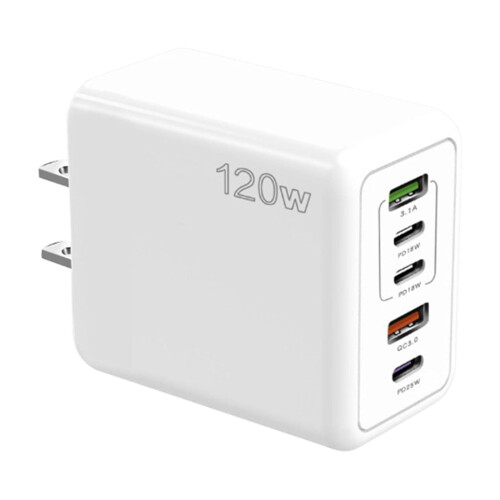 Γρήγορος φορτιστής PD 120W με 2 θύρες USB-A + 3 θύρες USB-C, Συμπαγής 7,8x5,5x2,8cm, Λευκό ABS, 1