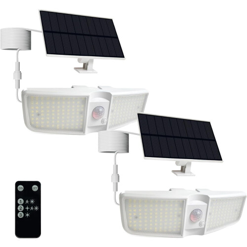 Solar Motion Sensor Floodlights 6500K, 180 LED, IP65, with Remote—White, 2-PCS 1