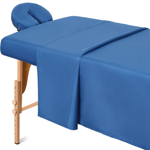 Massage Table Sheets Set (3pcs) – Microfiber, Soft, Stain & Wrinkle Resistant, Flat + Fitted + Cradle Cover – Dark Blue 1