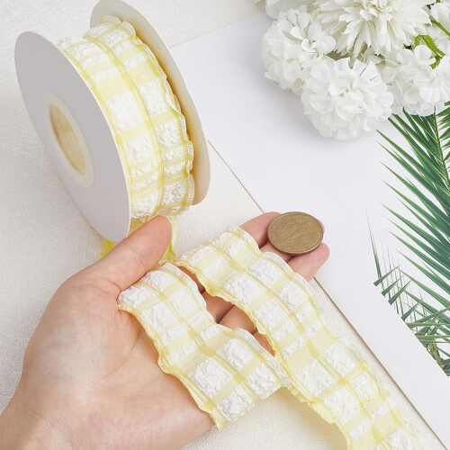 10Yards1.5" Κίτρινη καρό κορδέλα καρό, διπλή σιφόν με βολάν, καρούλι για περιτύλιγμα 2