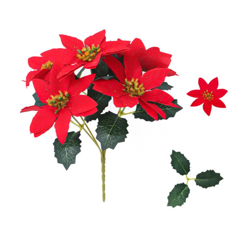 Artificial Poinsettia Stem Silk Petals Plastic Leaves1 1