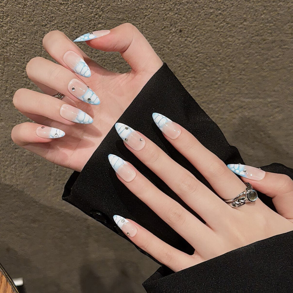 Bright-Home (S) Nude False Nails With Blue White Tip Printed Resin Material Zero Pressure On Nail Bed For Shopping Traveling Dating