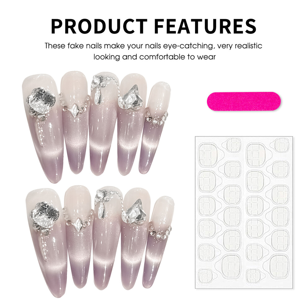 Penghui-Toys (L) Glossy Long False Nails With Rhinestone Durable & Never Splitting False Nails For Autumn & Winter Gentle Nail Art