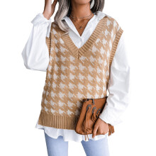 Pullover-sweatervest til kvinder, høj-lav kant, afslappet pasform, hundemønsterprint, ærmeløs strik, V-halsudskæring, sideslidser,