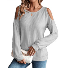 Locker geschnittene Oberteile für Damen, schulterfreier, langärmeliger Strickpullover mit Knopfverschluss im Rücken, grob gestrickter, lässiger