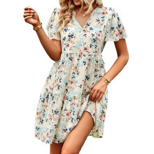 Rochie de vară boho, lejeră, cu croială înaltă, lungime maxi, lejeră, în linie A, cu decolteu în V, mâneci 3/4, talie elastică cu curea