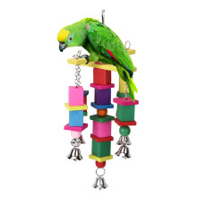 Keep Active Bird Toy Colorful Wooden Blocks With Hanging Chain And Bells For Parrot Budgie Conure Cage Enrichment And Exercise