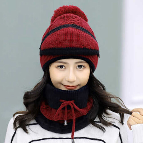 Baseball Cap Windproof Knit Hat Set Red 2