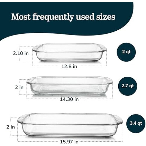 Baker's Basics 3-Piece Rectangular Glass Casserole Baking Dish Set, Clear, 2 Qt, 2.7 Qt, 3.4 Qt, Transparent, Stackable, Dishwasher Safe 2