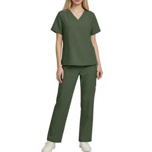 asdoklhq Plus Size Scrubs Γυναικείο Φόρεμα Νοσοκόμας με Κοντομάνικο, Μονόχρωμο, Τσέπη και 1
