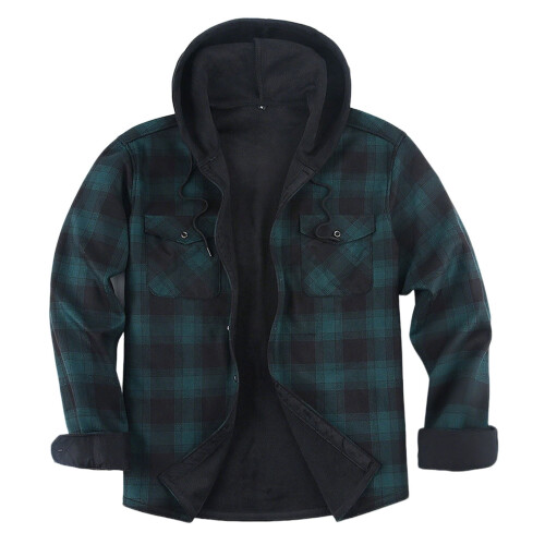 Men's Fleece-Lined Hooded Jacket Checkered Button-Up Long 1