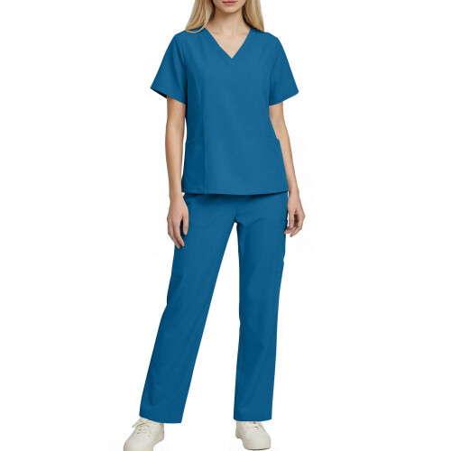 asdoklhq Plus Size Scrubs Γυναικείο Φόρμα Νοσοκόμας με Κοντομάνικο, Μονόχρωμο, Τσέπη και V-Neck, 1