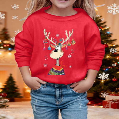 Kids Santa Pullover with Reindeer Print Round Neck Long 1