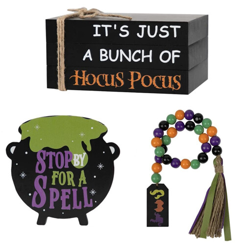 Halloween Wood Decor Set: Cauldron Sign, Book Stack & Bead