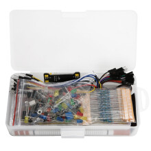 Arduino-compatibele elektronica-starterkit met breadboard, voeding en diverse componenten, waaronder weerstanden, LED's, jumperdraden en diodes.