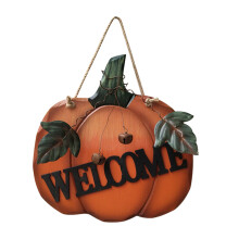 Pompoen welkomstbord voor de deur, 31 cm hoog x 23,6 cm breed x 1,2 cm diep, gemaakt van MDF en ijzer, voor Halloween en Thanksgiving, met groene