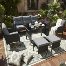 BIRCHTREE 7-Seater Rattan Furniture Set with Glass Top Table Armchairs and Stools Grey