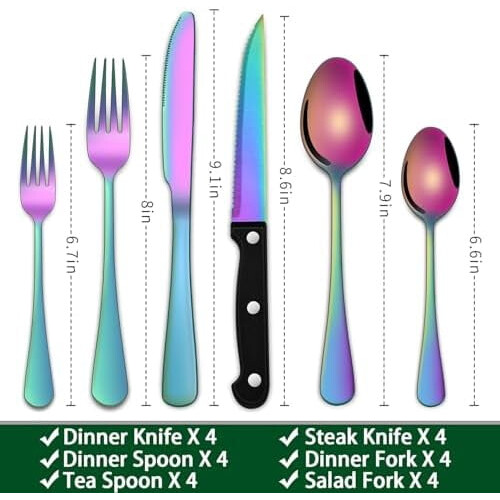 Rainbow 24-Pc Stainless Steel Flatware Set for 4, Includes Steak Knives, Compatible with Modern Kitchens 1