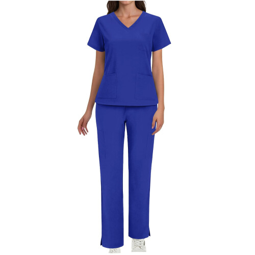 Women's Scrubs Set Blue V-Neck Short-Sleeve Size L 2