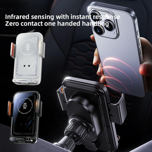 Suporte veicular para celular com sensor automático, liberação rápida, porta giratória, rotação USB e compatível com Android. 2