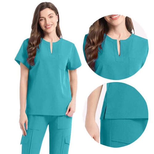Women's Scrubs Set Blue Solid V-Neck Blouse and Drawstring 2