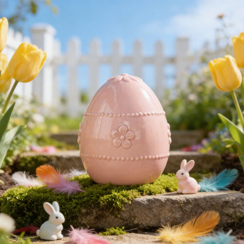 Ροζ Κεραμικό Στολίδι Αυγό με Λουλούδι στο Επικάλυμμα, 11x9,2 εκ., Πασχαλινή & 1