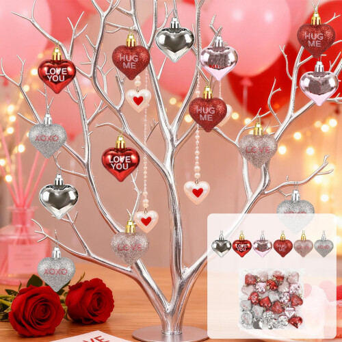 Conjunto de 24 enfeites de bolas em formato de coração com acabamento brilhante e com glitter para decoração. 1