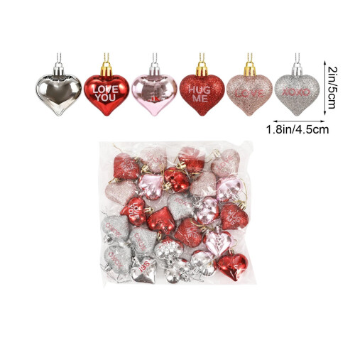 Conjunto de 24 enfeites de bolas em formato de coração com acabamento brilhante e com glitter para decoração. 2