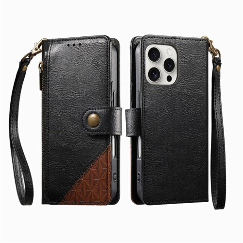Pung til iPhone15Pro Max – Magnetisk flip i PU-læder, patchwork-stil, snorrem, håndledsrem og lynlåskortholder 2