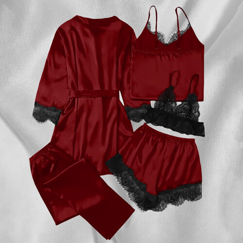 Women's Satin Pajama Set Long Sleeve 5-Piece 2
