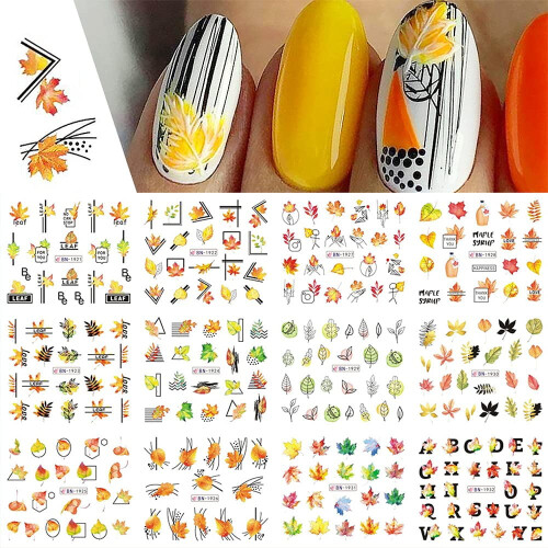 Conjunto de 4 adesivos de unhas com temas de outono: folhas de bordo, peru e abóbora – compatíveis com unhas de acrílico. 2