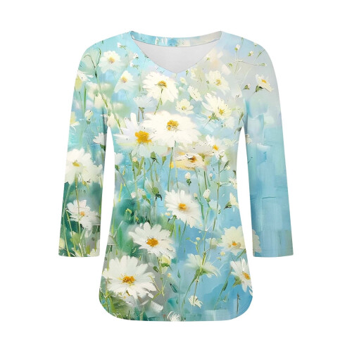 Top da donna a maniche a 3/4, camicie casual con scollo a V, magliette basic morbide, camicette da lavoro 2