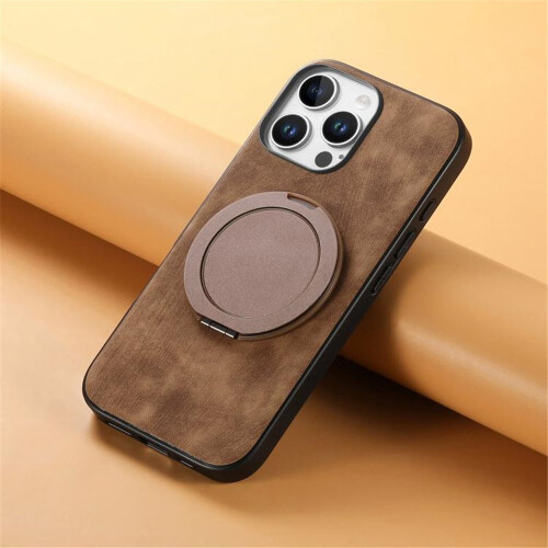 Capa retrô em couro com suporte giratório circular, à prova de choque, compatível com iPhone 16 Pro, marrom. 1