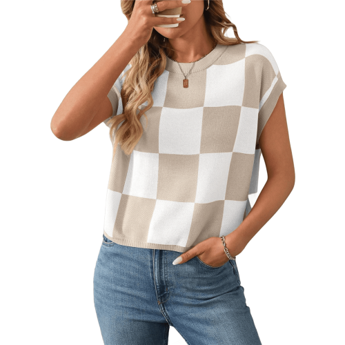 Damen Sommer Pullover mit Rundhalsausschnitt, kurzen Ärmeln und Farbblock-Design, Größe M 1