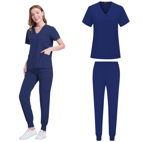 Women's Solid Navy Scrubs Set V-Neck Top and Ankle-Cuff 2