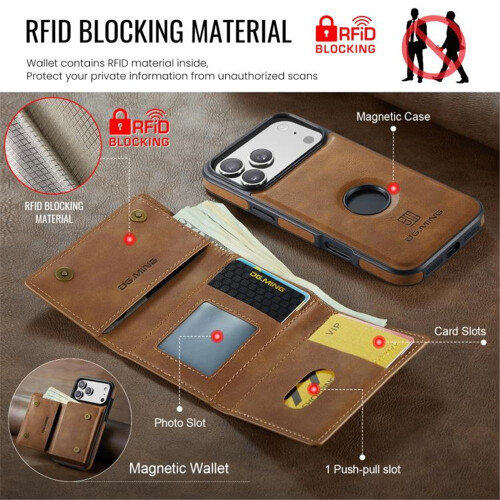 Capa carteira DG.MING para iPhone 17 Pro de 6,3 polegadas, magnética, com bloqueio RFID, removível, em couro, marrom. 2
