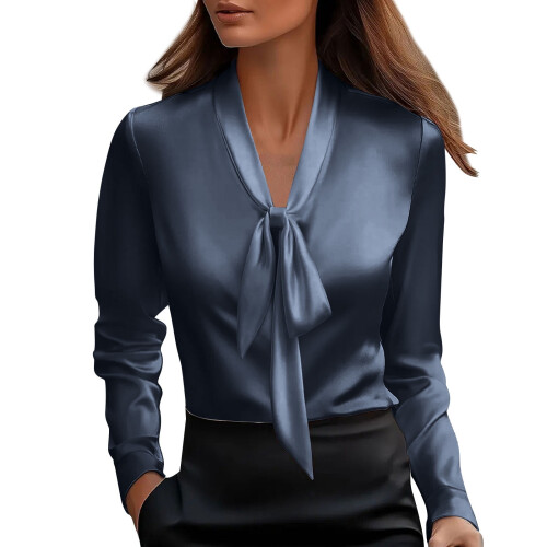Γυναικεία Μπλούζα από Σατέν με V-Neck και Δέσιμο στη Μέση, Κομψή και Σικ, σε 1