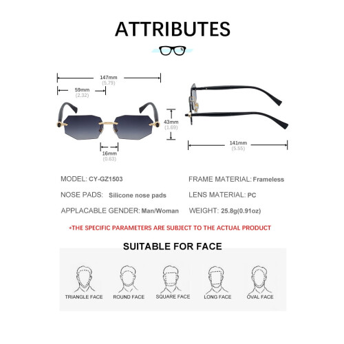 CY-GZ1503Νέα ανδρικά γυαλιά ηλίου Polygon Rimless, ευρωπαϊκής και αμερικανικής μόδας, premium 2